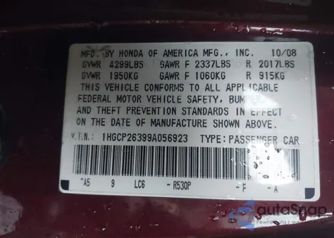 2009 Honda Accord 2.4 Lx из США, поврежденный, VIN 1HGCP26399A056923